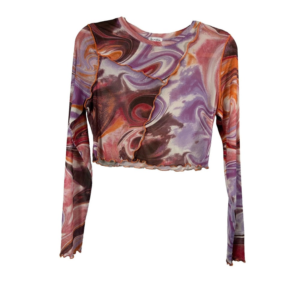 Love Fire Mesh Abstract Swirl Crop Top L Exposed Seam Lettuce Hem Y2K Fairy Indi